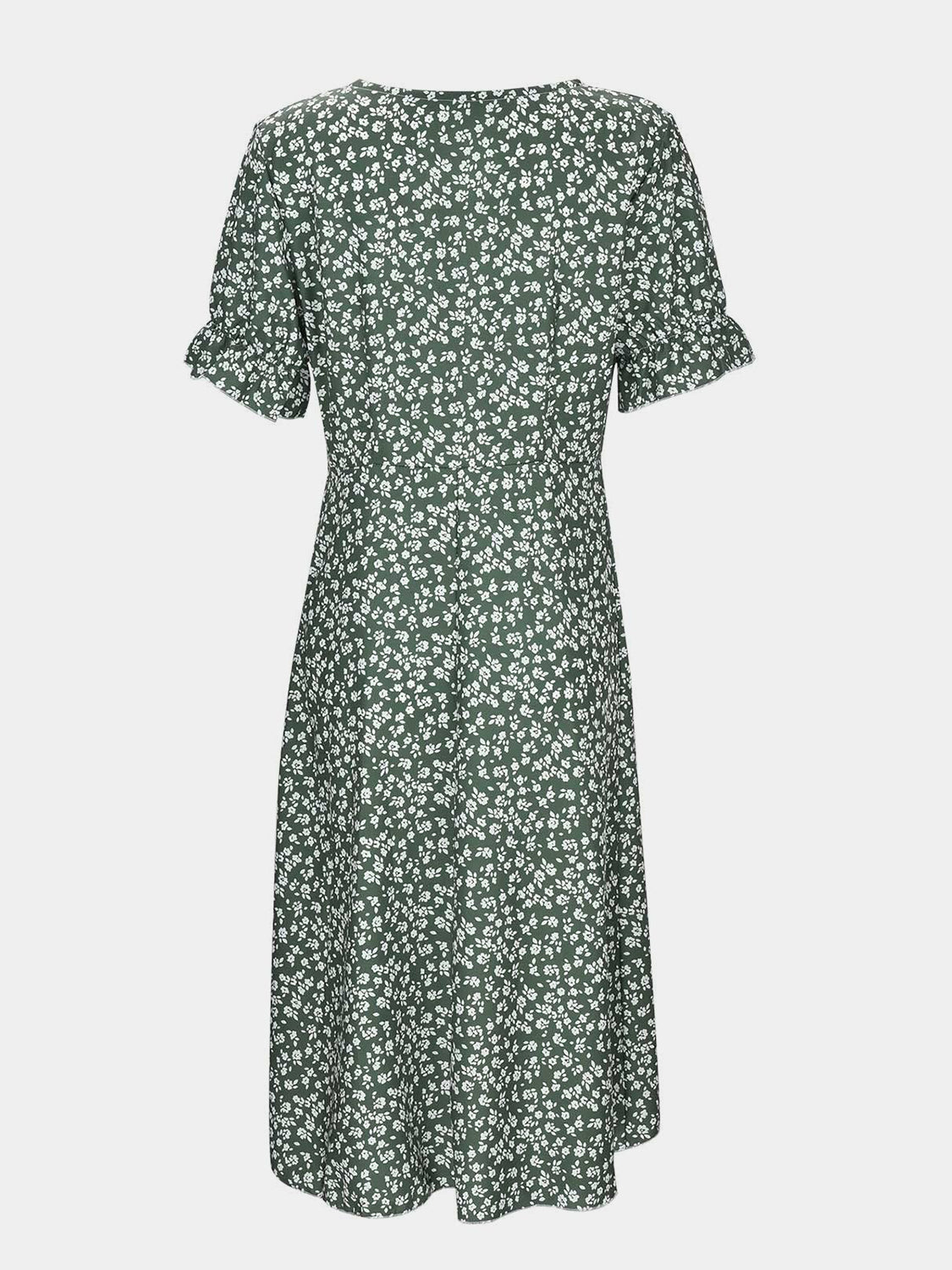 Full Size Printed Surplice Flounce Sleeve Midi Dress Green S 