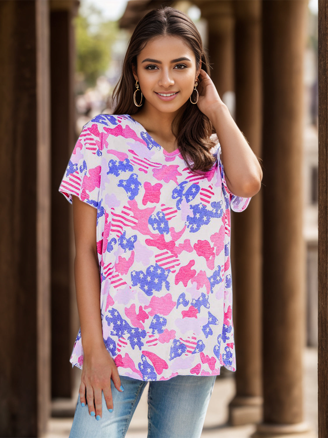 STUNNLY  Printed V-Neck Short Sleeve T-Shirt Blush Pink S 