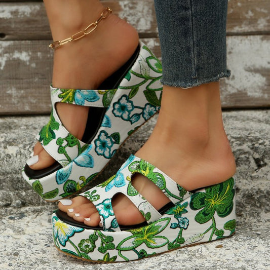 Cutout Floral Peep Toe Sandals Mid Green 35(US4) 