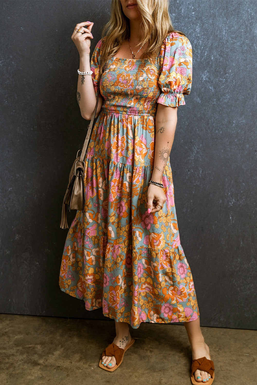 STUNNLY  Smocked Printed Short Sleeve Dress   