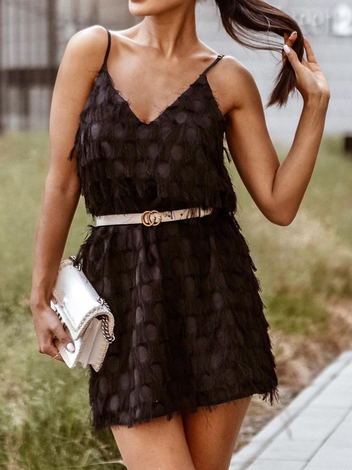 STUNNLY  Fringe V-Neck Mini Cami Dress   