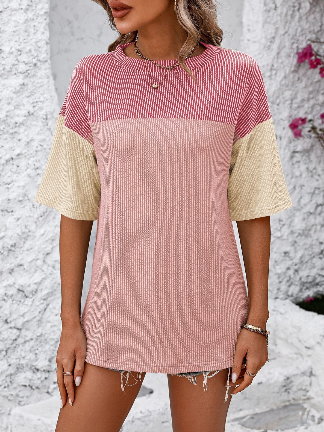 STUNNLY  Color Block Round Neck Half Sleeve T-Shirt   