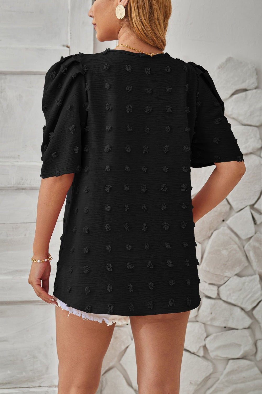 Swiss Dot Round Neck Short Sleeve Blouse   