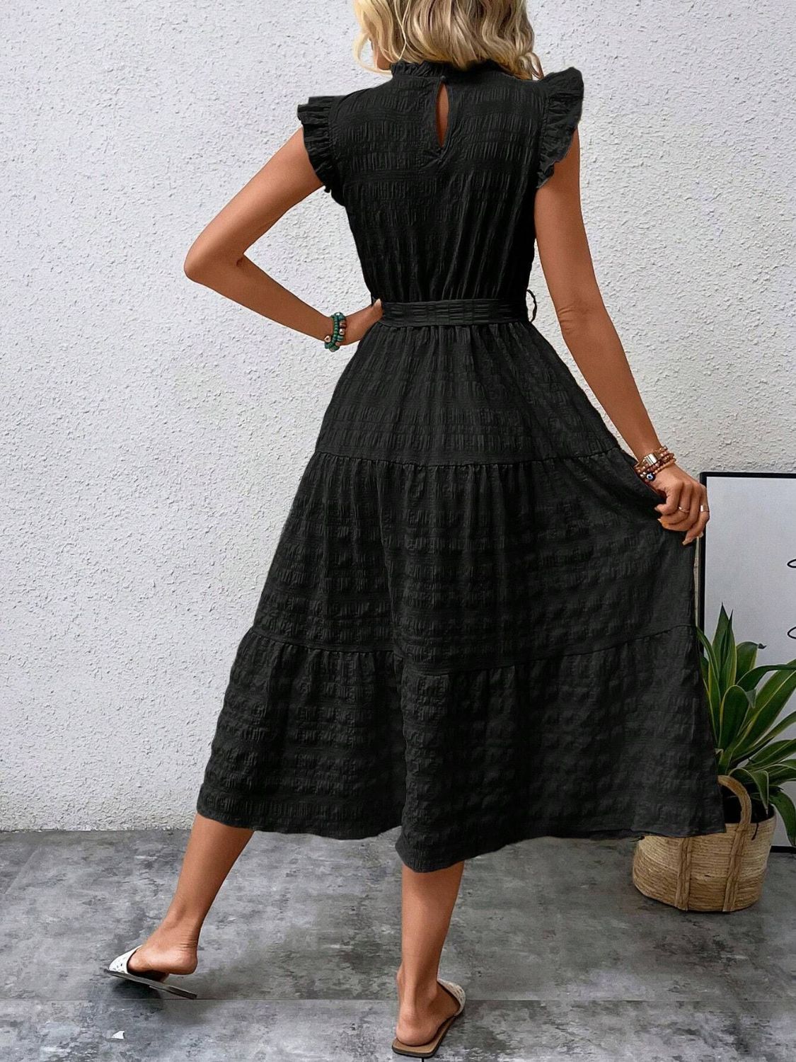 Tied Ruffled Cap Sleeve Midi Dress   