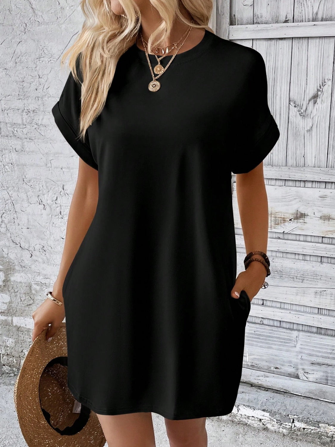 Round Neck Short Sleeve Mini Dress Black S 