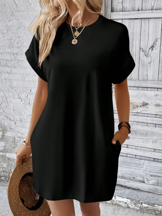Round Neck Short Sleeve Mini Dress Black S 