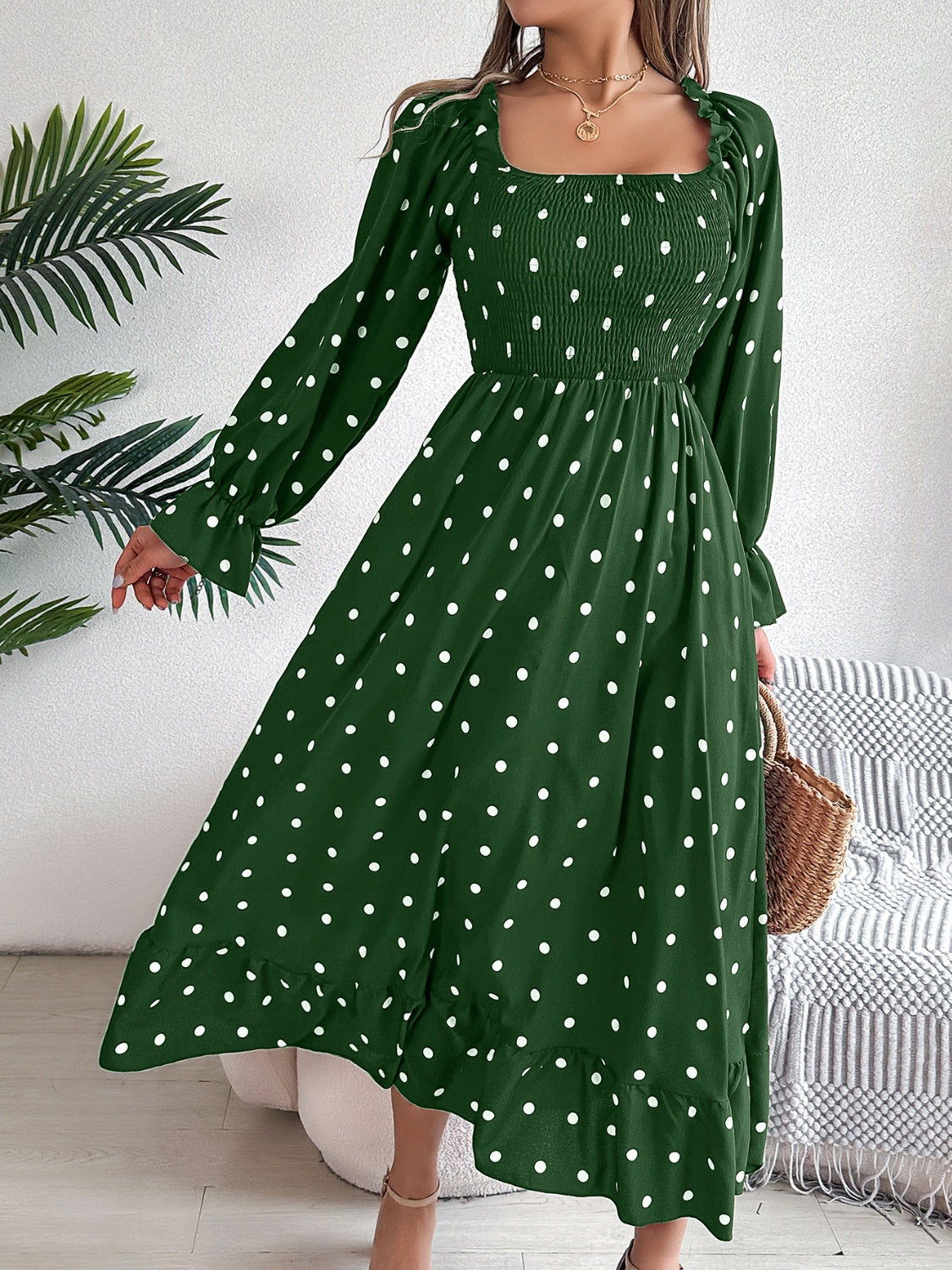 Polka Dot Flounce Sleeve Midi Dress Dark Green S 