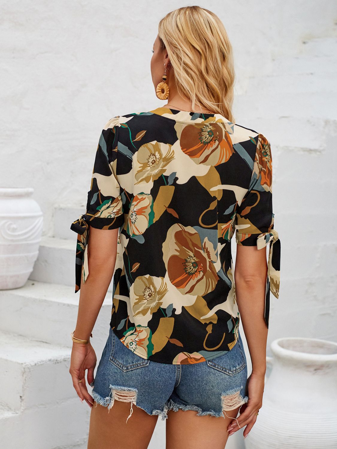 Tied Printed Notched Short Sleeve Blouse   