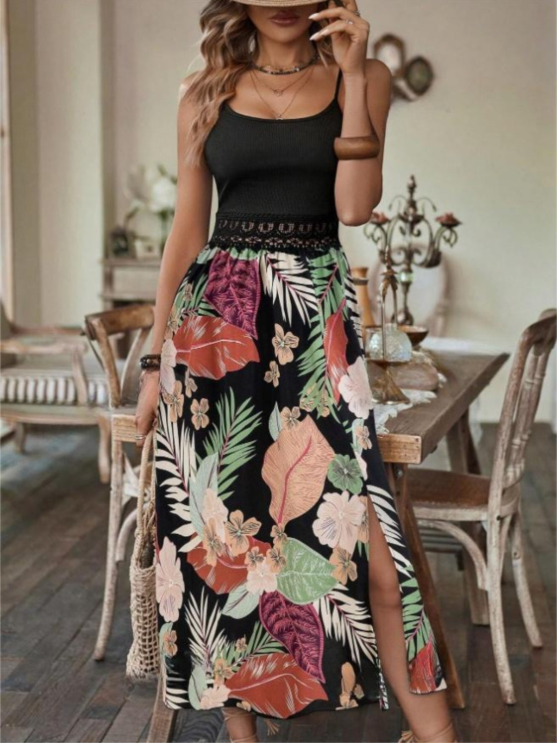 Slit Printed Scoop Neck Cami Dress   