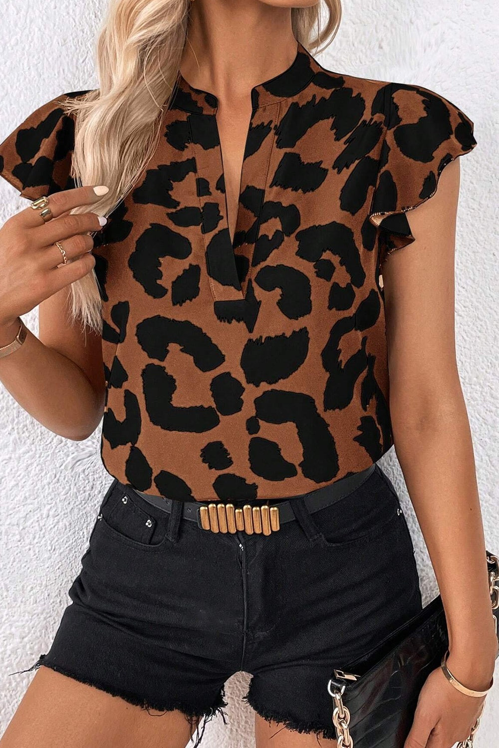 Leopard Notched Cap Sleeve Blouse Chestnut S 