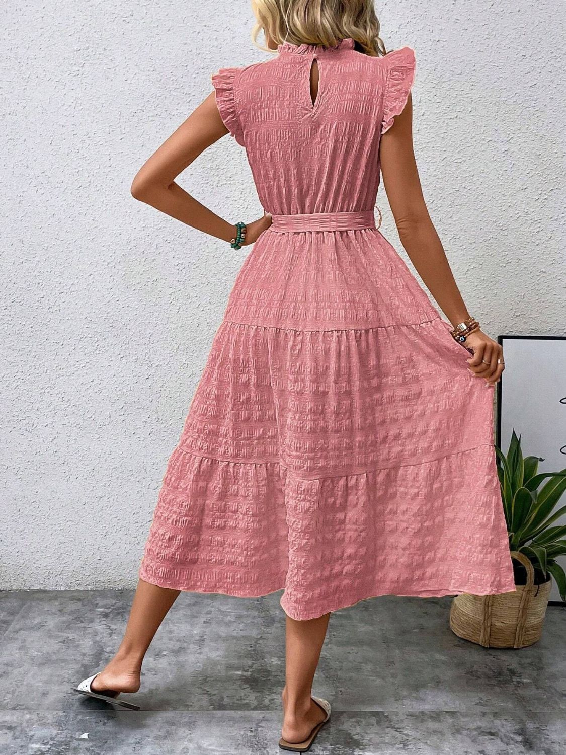 Tied Ruffled Cap Sleeve Midi Dress   