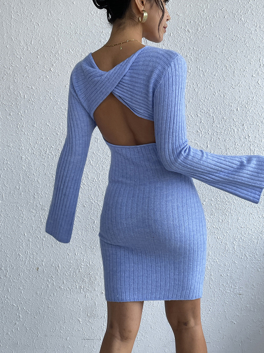 Backless Round Neck Long Sleeve Sweater Dress   