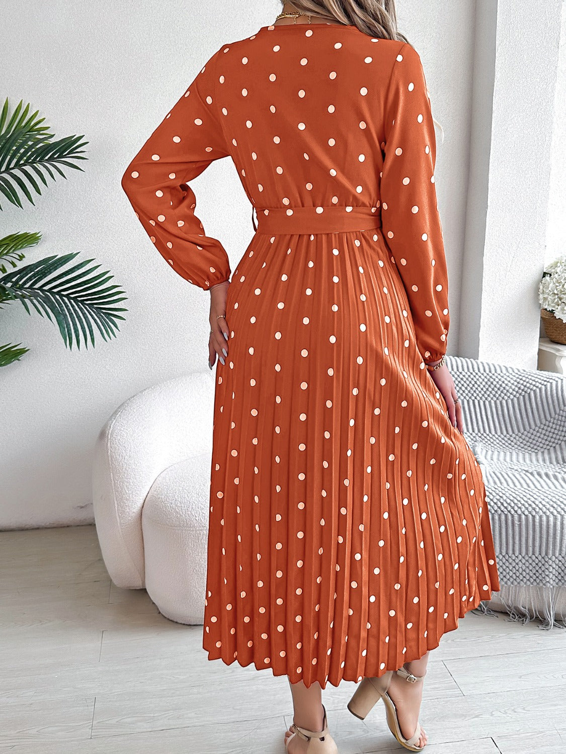 Tied Polka Dot Long Sleeve Midi Dress   