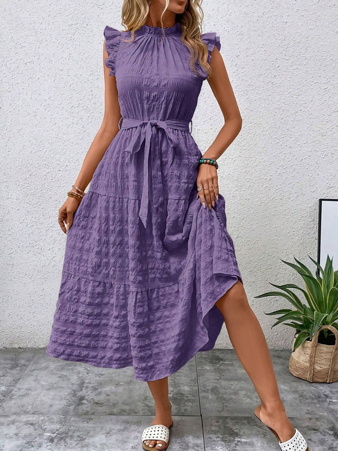 Tied Ruffled Cap Sleeve Midi Dress   