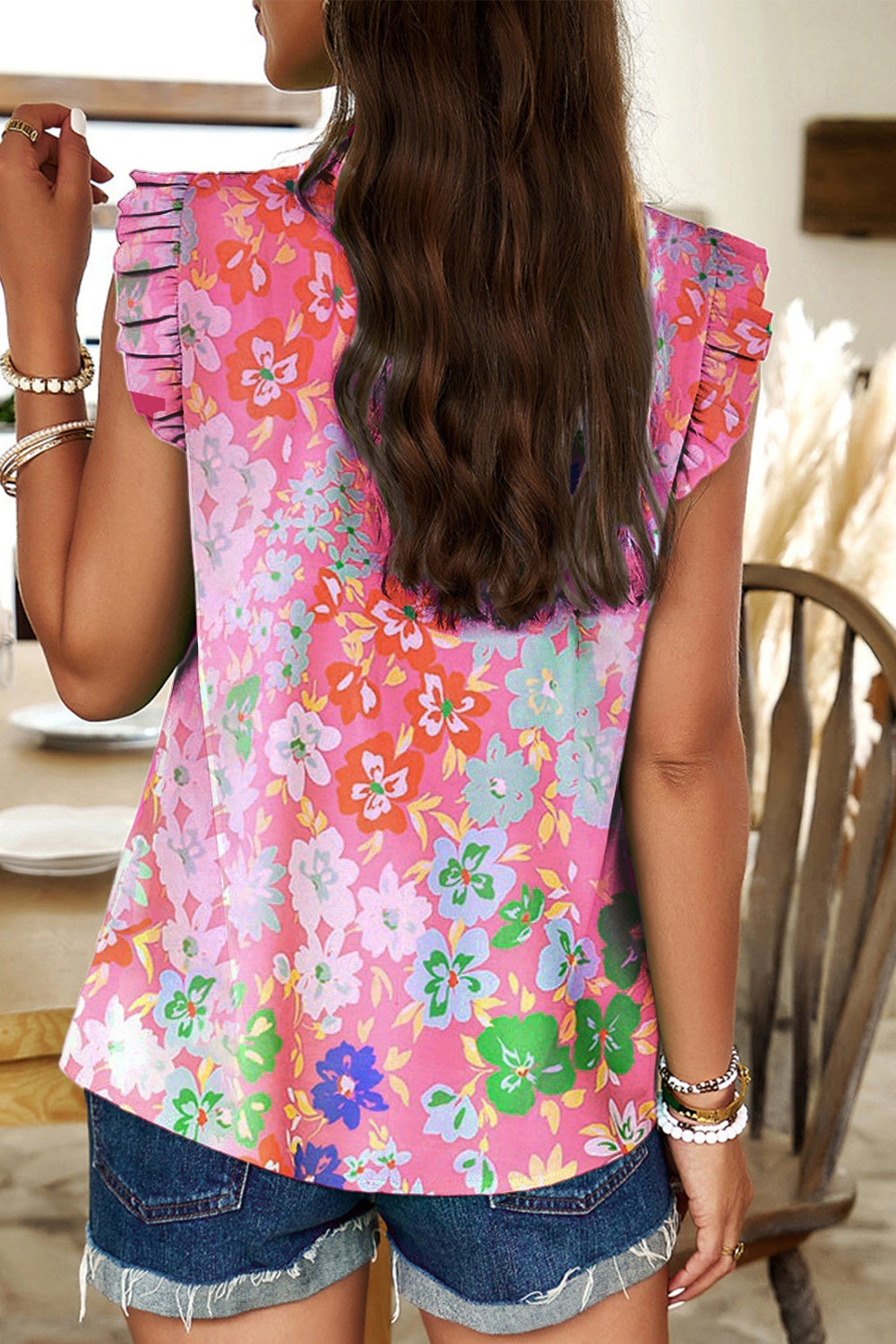 Ruffled Printed Mock Neck Cap Sleeve Blouse   