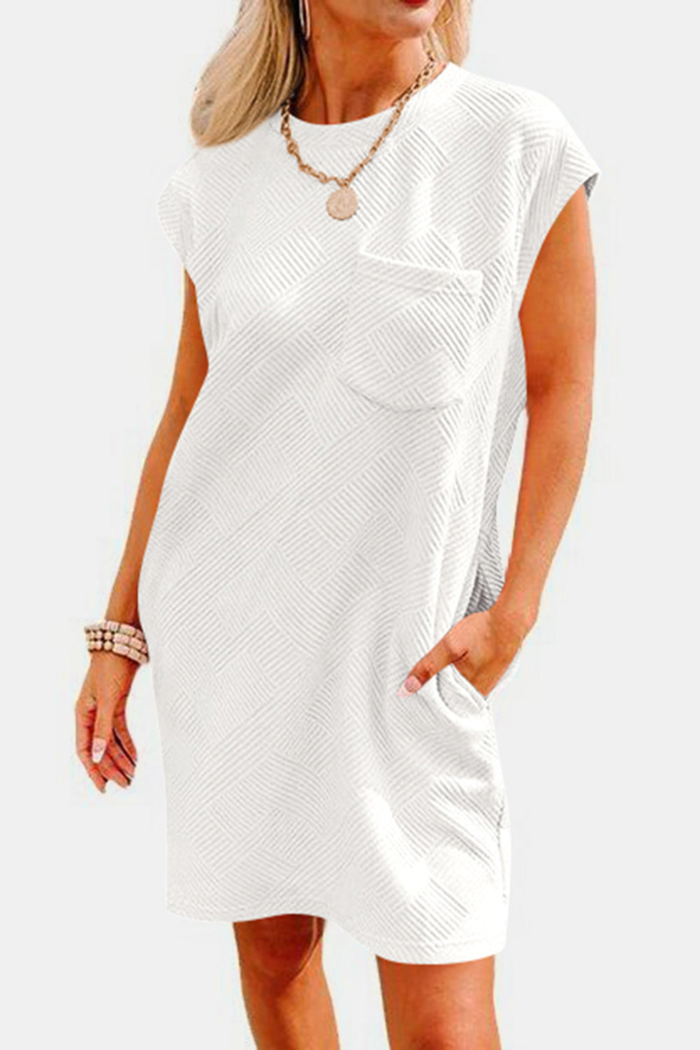 STUNNLY  Textured Round Neck Cap Sleeve Dress   