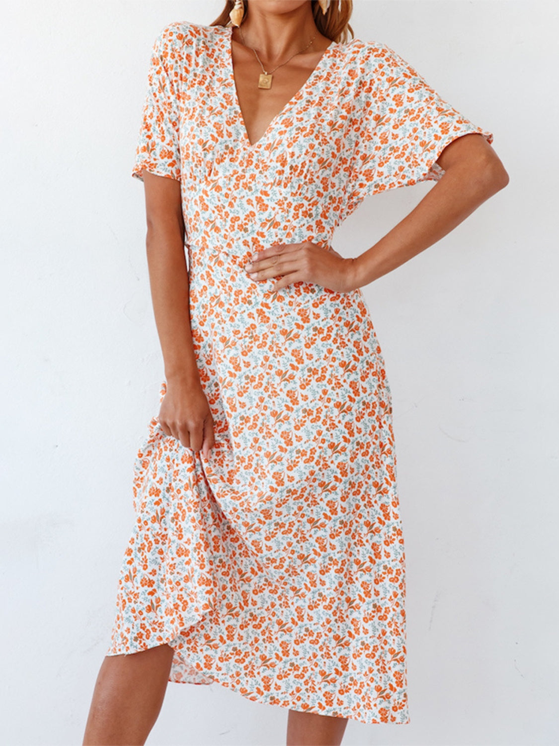 Ditsy Floral V-Neck Short Sleeve Midi Dress Burnt Coral S 