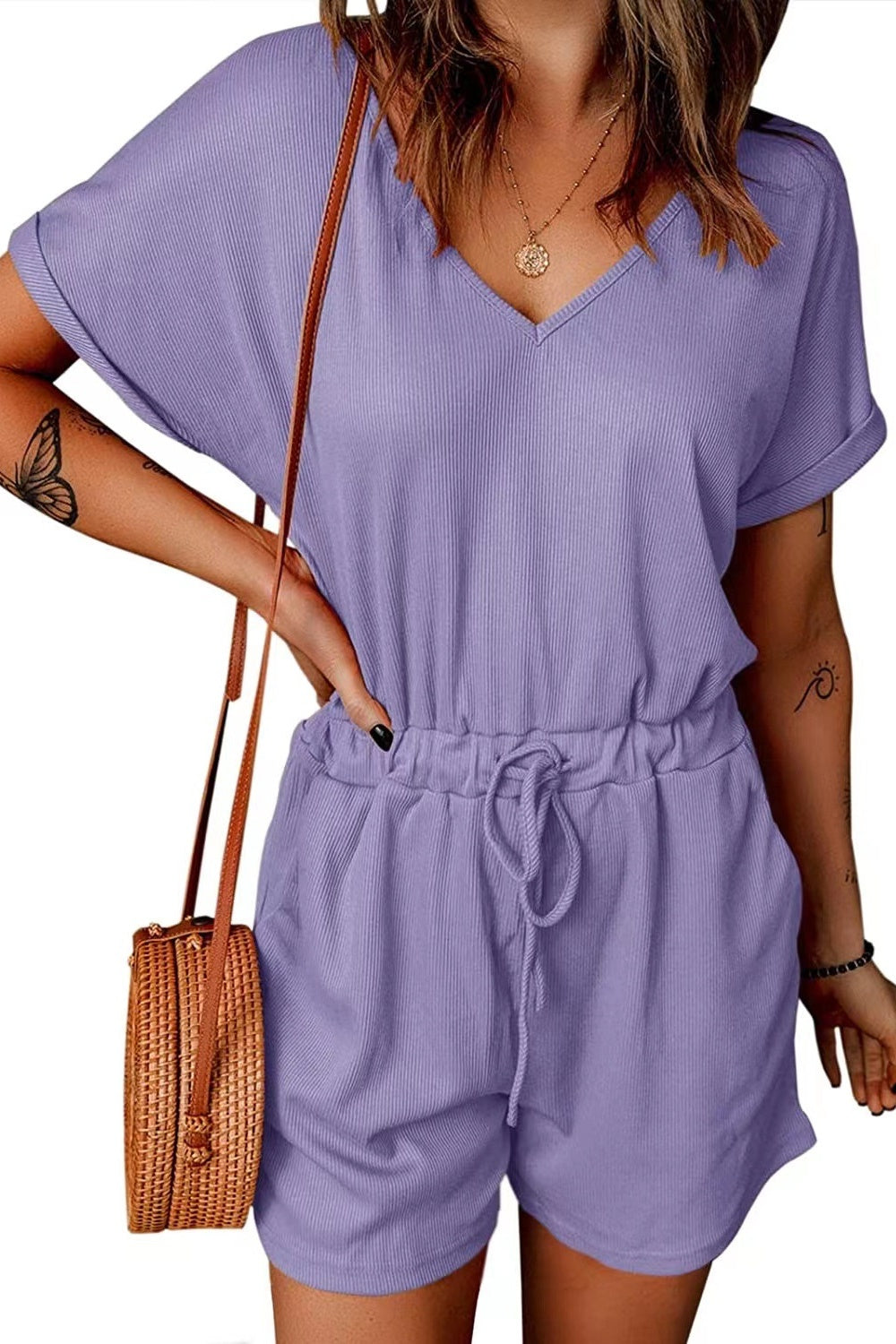 Full Size Drawstring V-Neck Short Sleeve Romper   