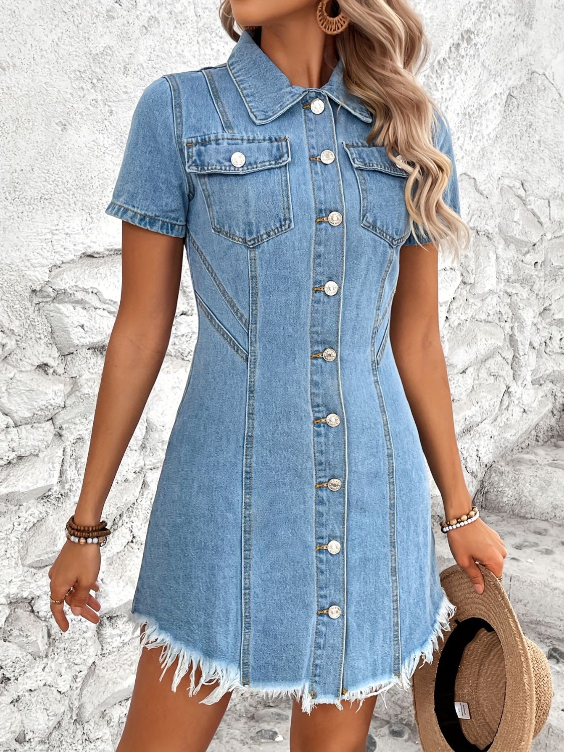 Raw Hem Button Up Short Sleeve Denim Dress   