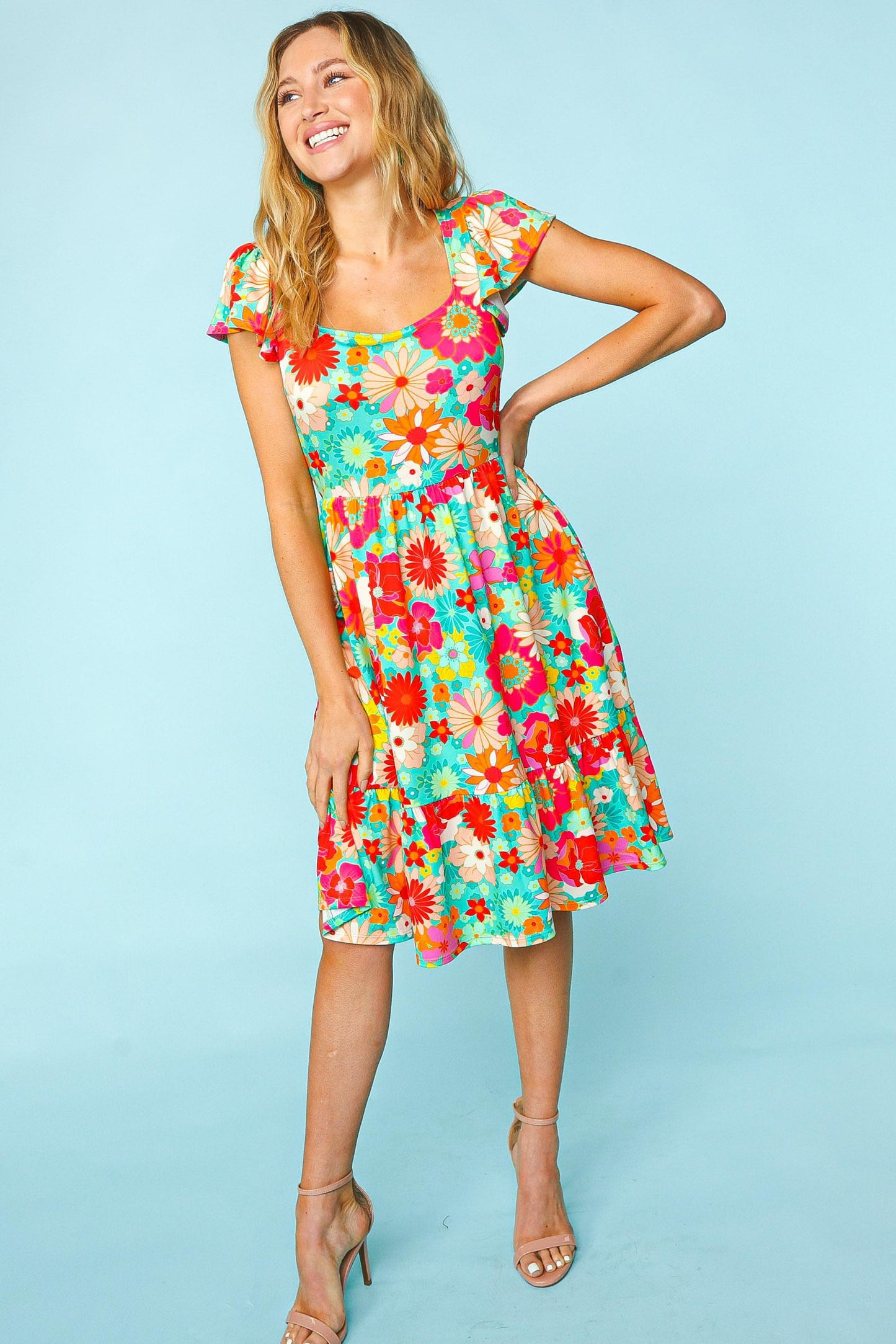 Haptics Floral Square Neck Short Sleeve Dress   