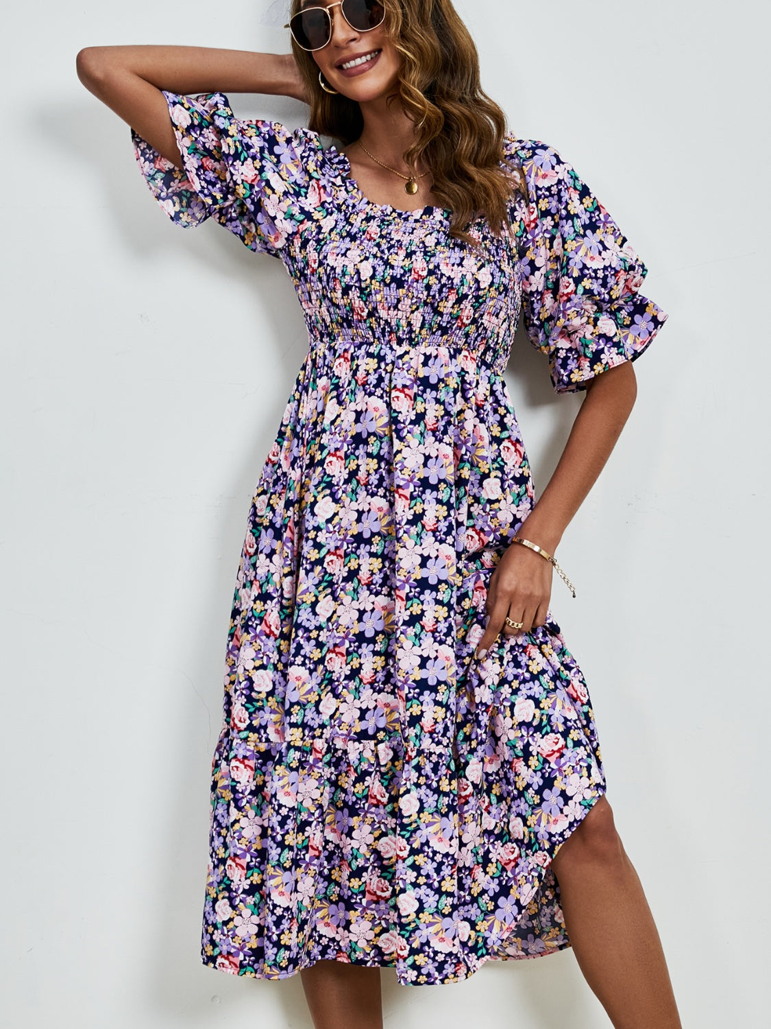 Smocked Floral Square Neck Short Sleeve Dress   