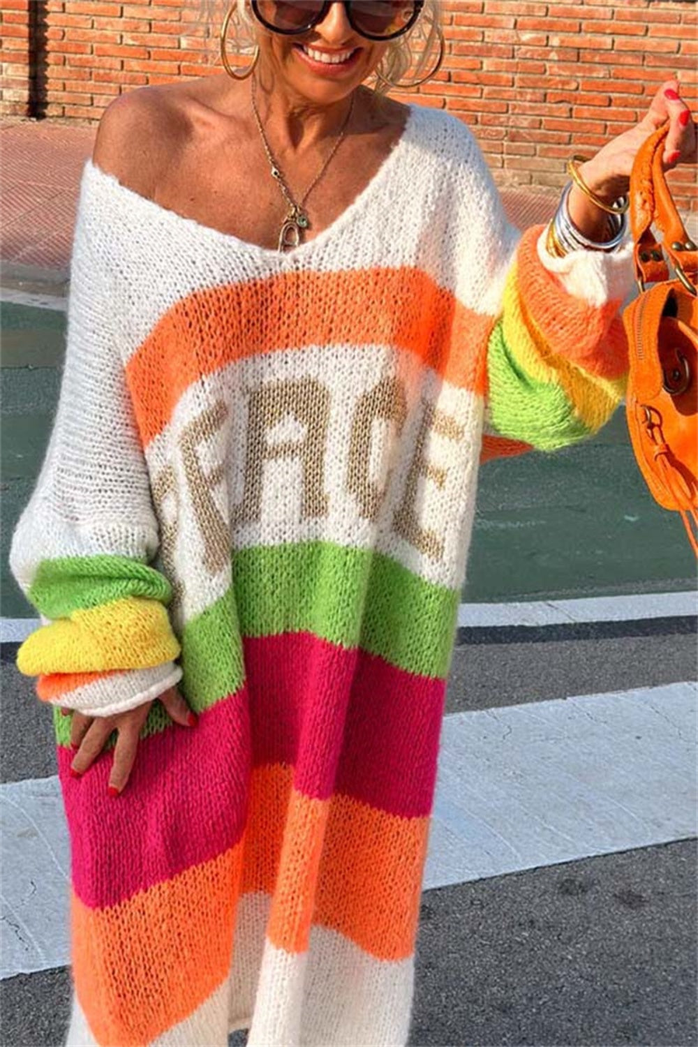 Color Block V-Neck Long Sleeve Sweater Dress   