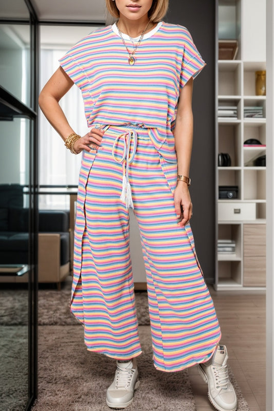 Striped Round Neck Top and Drawstring Pants Set Multicolor S 