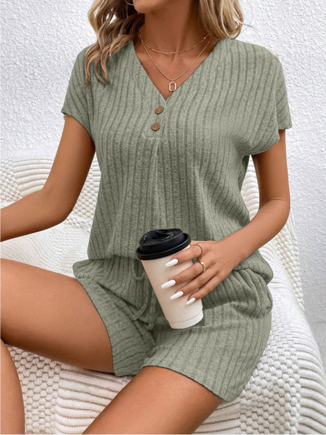 STUNNLY  Ribbed V-Neck Top and Shorts Set Sage S 