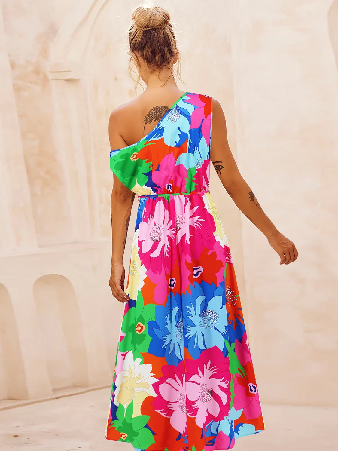 Printed One Shoulder Short Sleeve Dress   