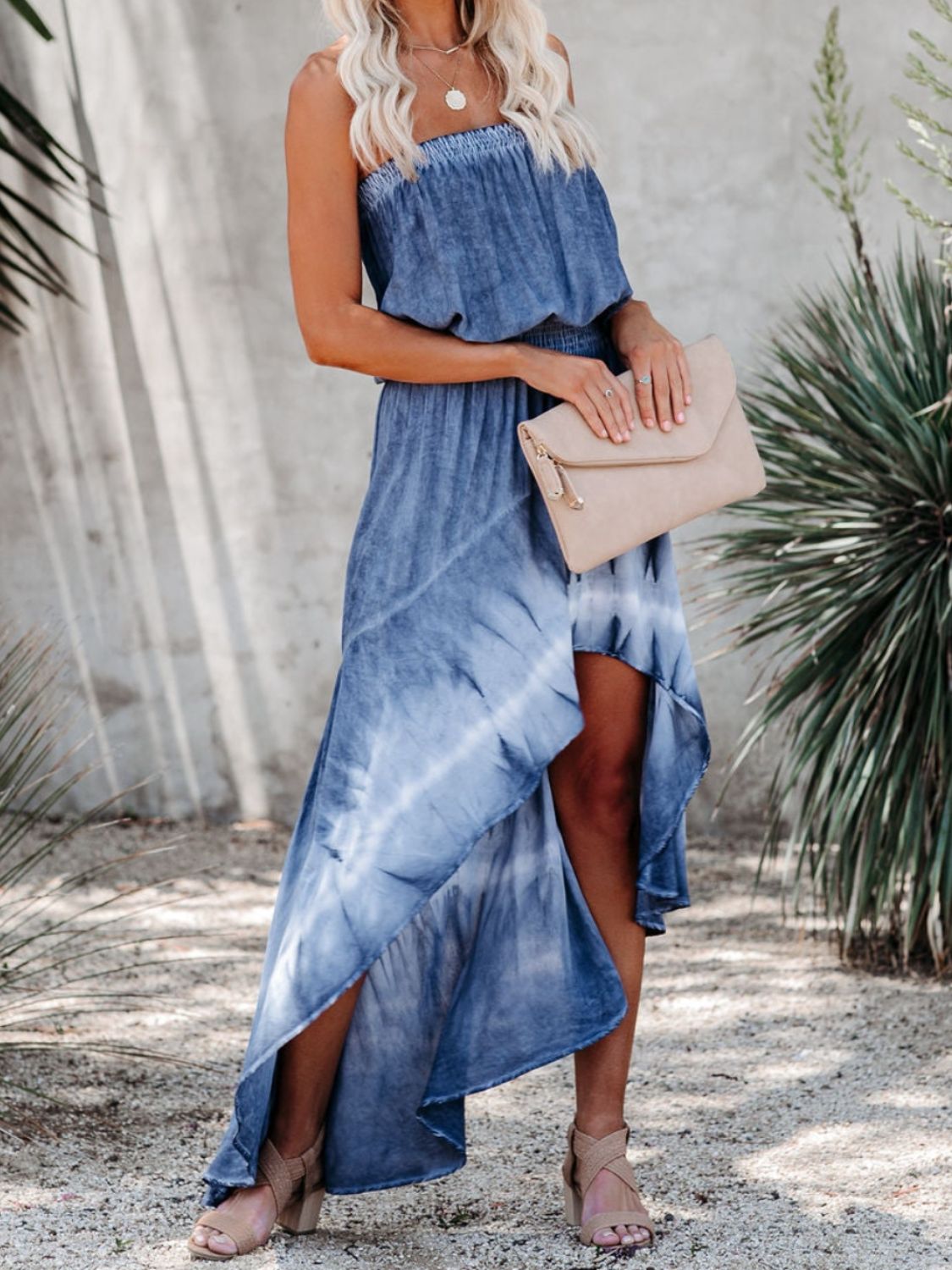 STUNNLY  Smocked High-Low Tube Denim Dress Misty  Blue S 