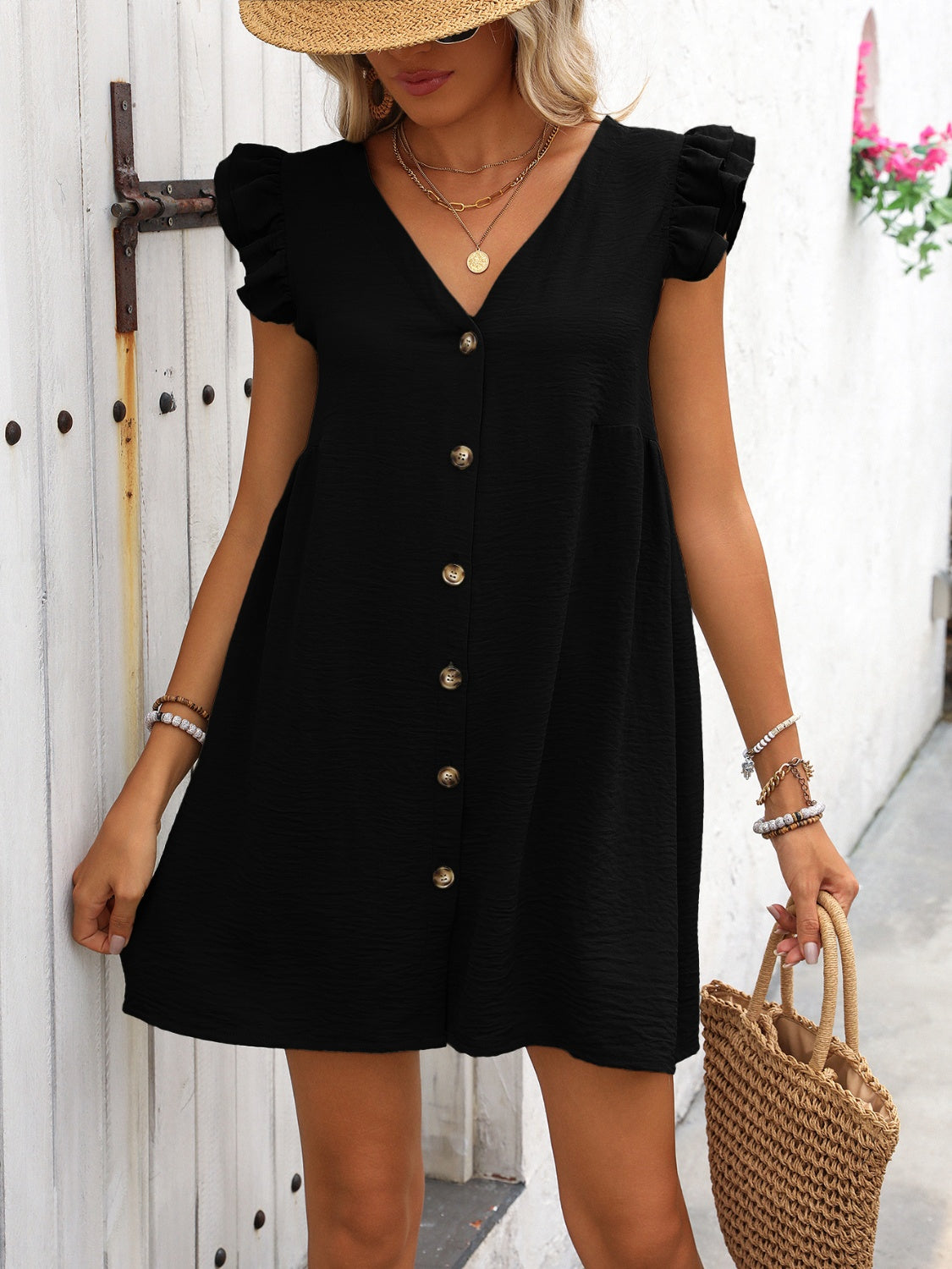 Button Up V-Neck Cap Sleeve Mini Dress Black S 