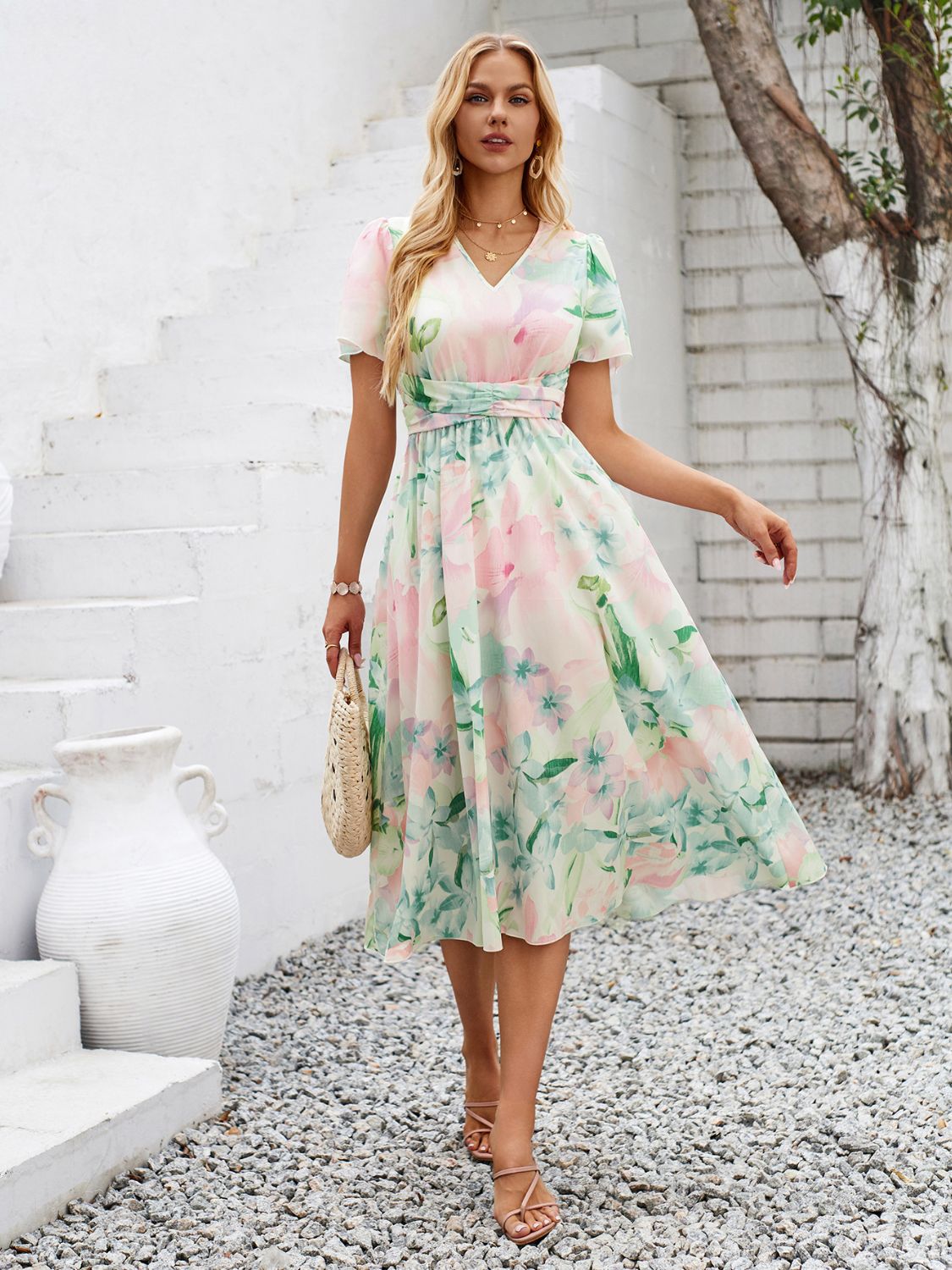 Printed V-Neck Short Sleeve Midi Dress Blush Pink S 