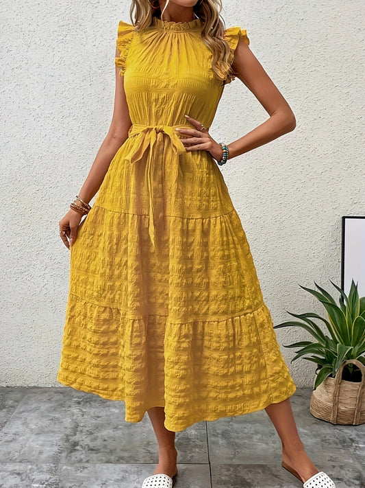 Tied Ruffled Cap Sleeve Midi Dress Gold S 