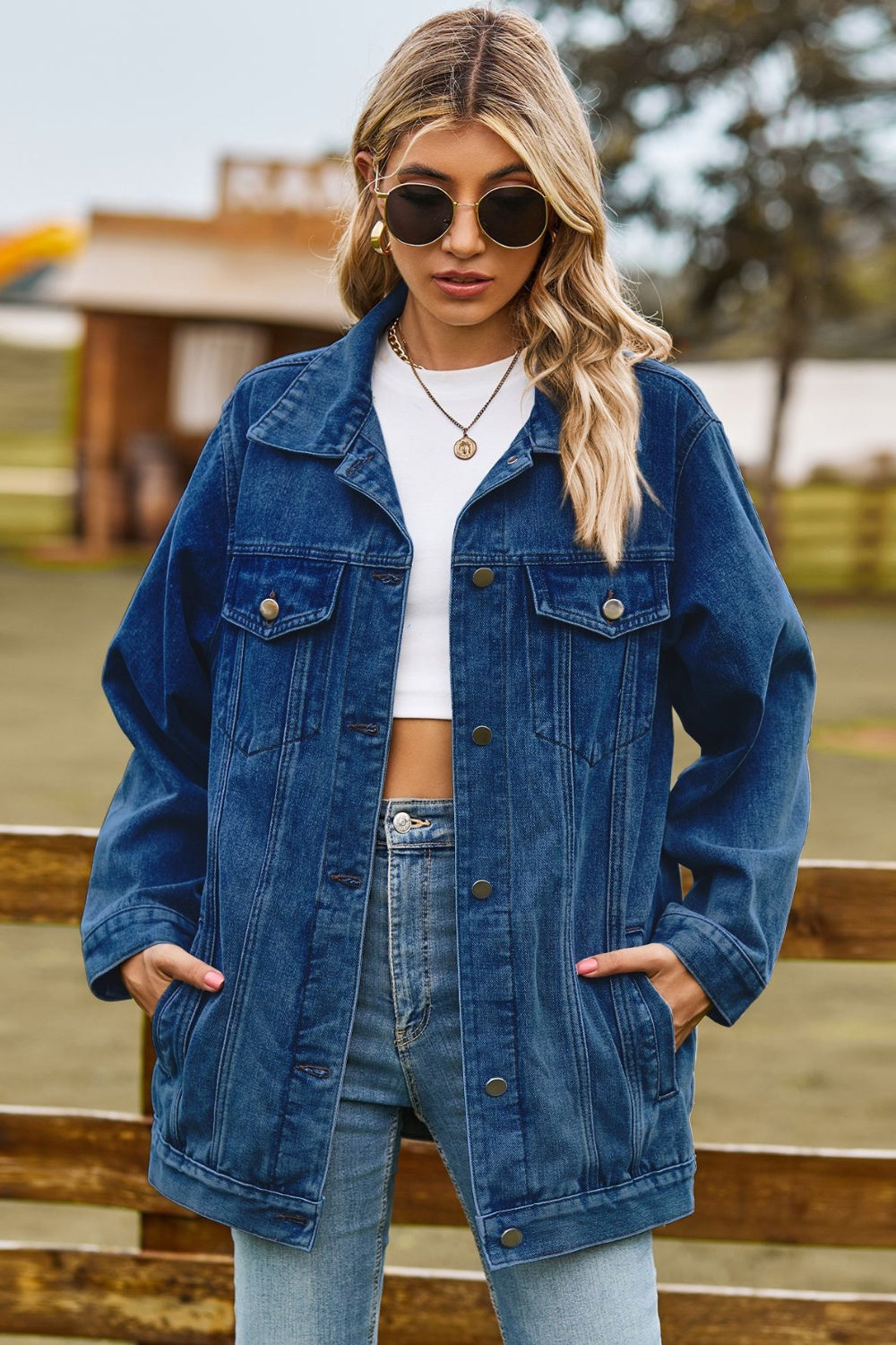 Buttoned Collared Neck Denim Jacket with Pockets Dark 2XL 