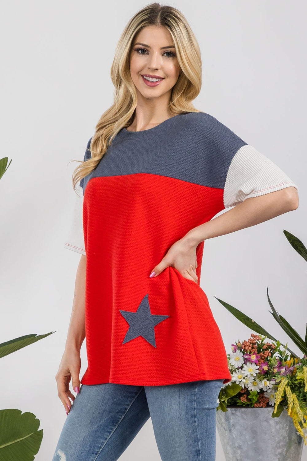 Celeste Full Size Ribbed Star Color Block T-Shirt   