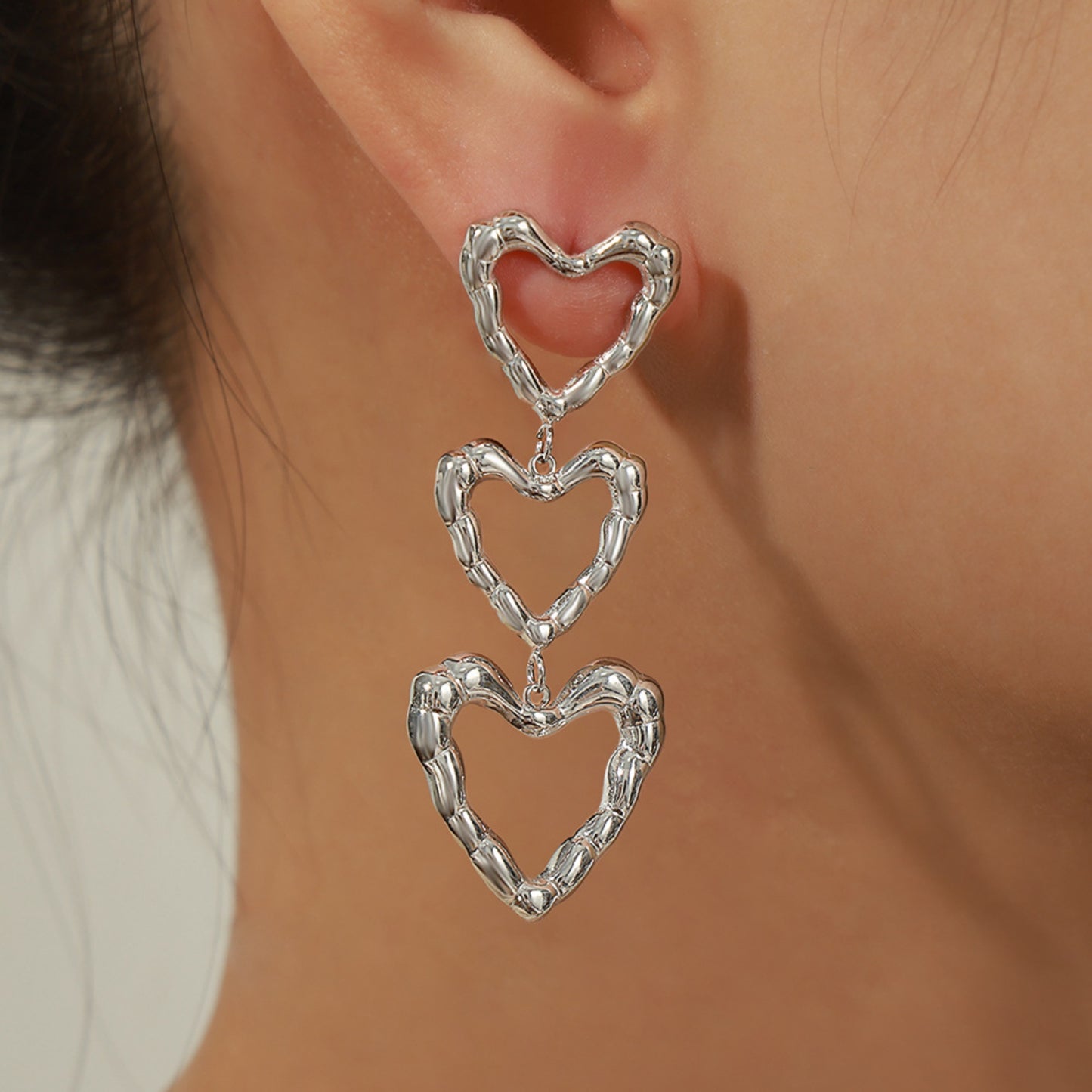 STUNNLY  Titanium Steel Heart Earrings Silver One Size 