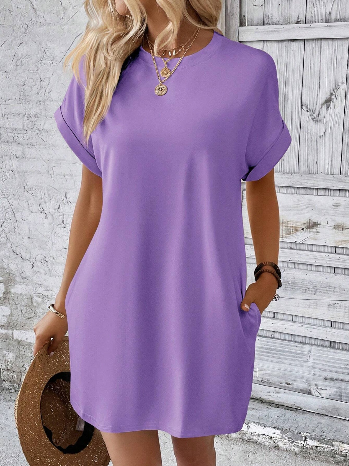 Round Neck Short Sleeve Mini Dress Lavender S 