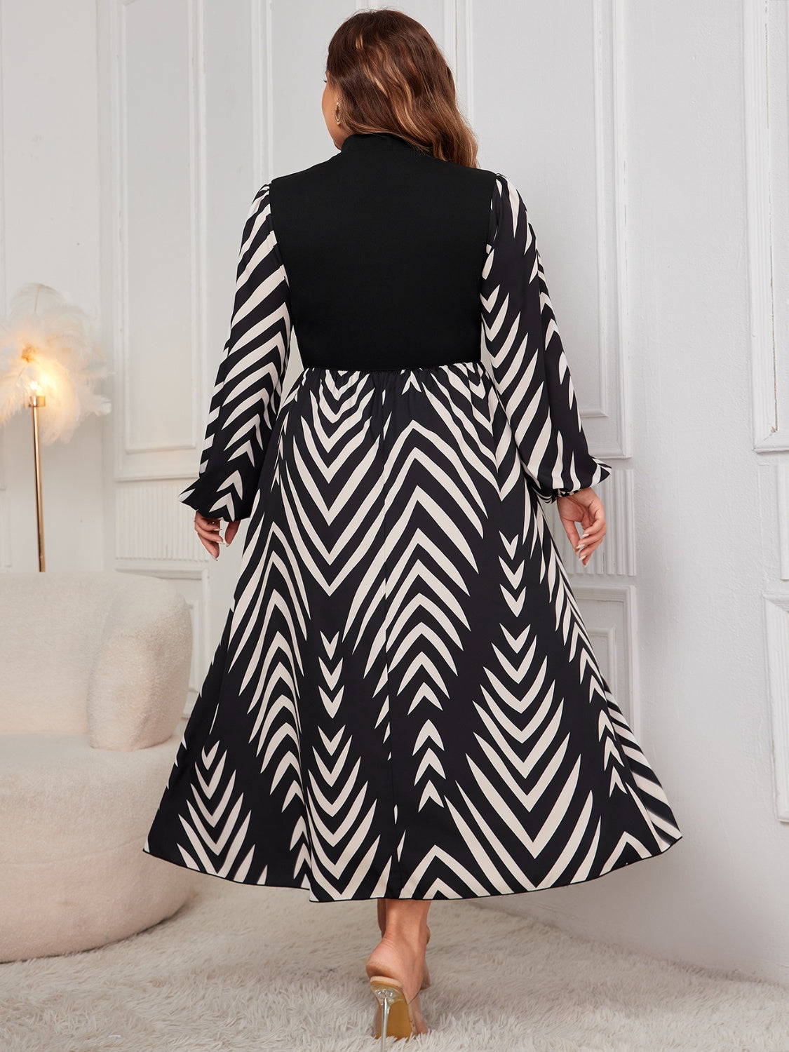 Plus Size Printed Mock Neck Long Sleeve Midi Dress   