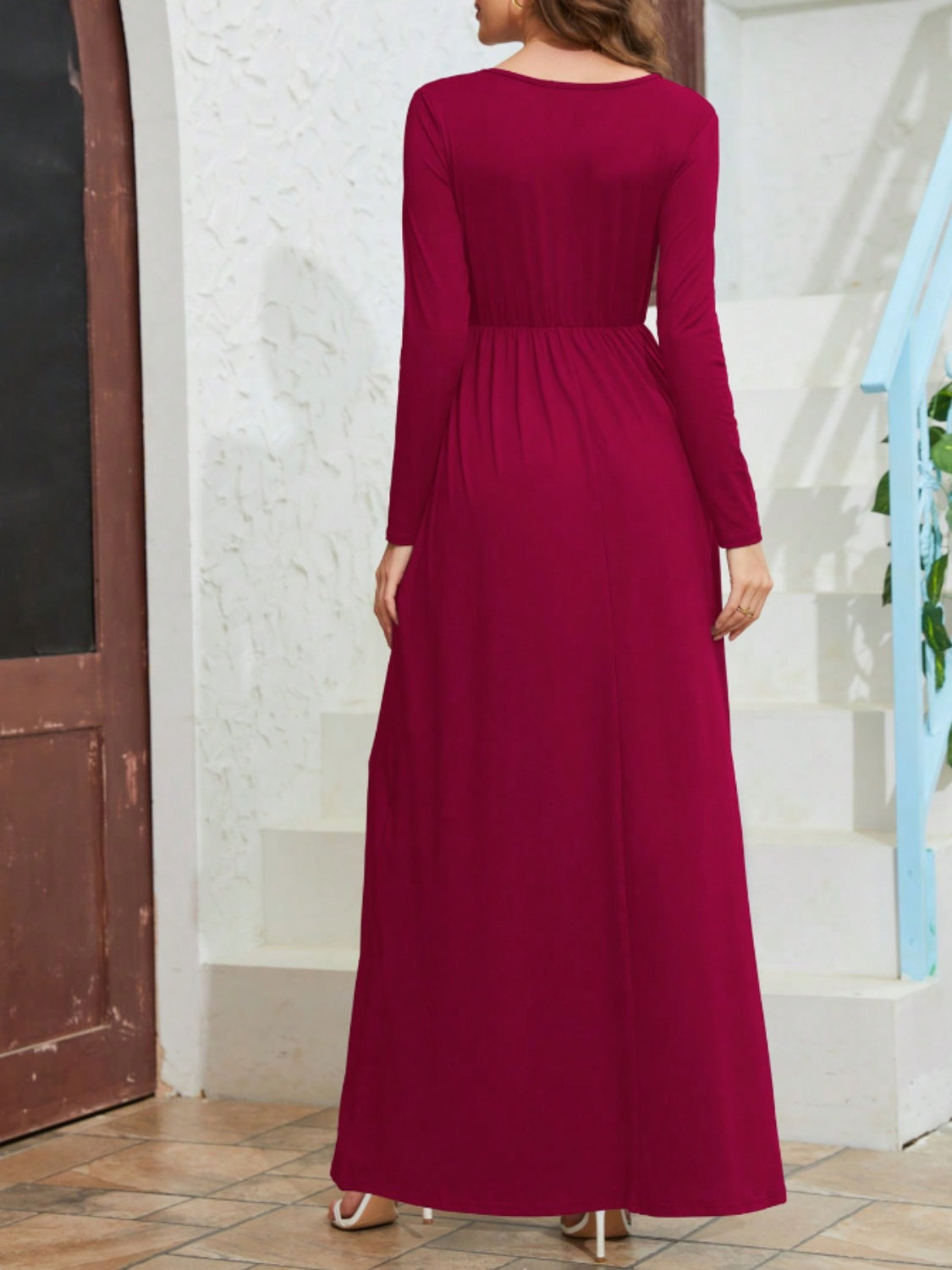 Pocketed V-Neck Long Sleeve Maxi Dress   