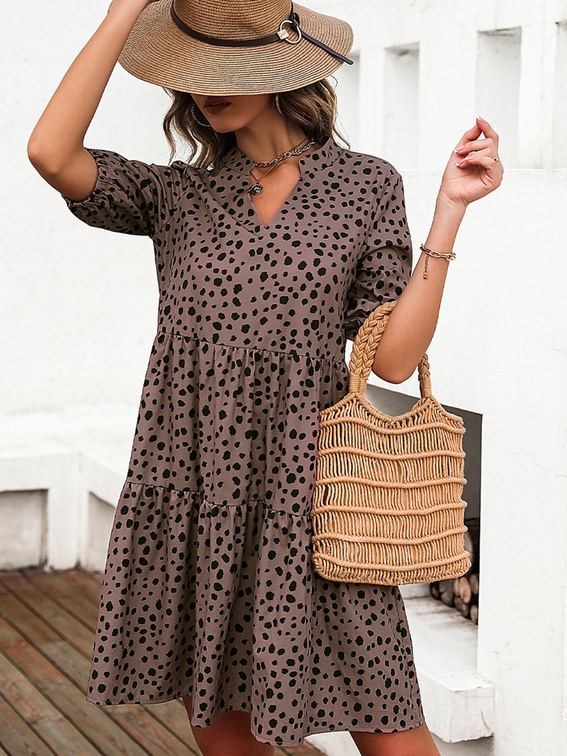 Printed Notched Half Sleeve Dress   