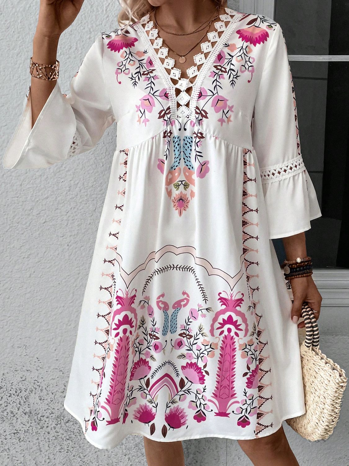 Lace Detail Printed Three-Quarter Sleeve Dress Deep Rose S 