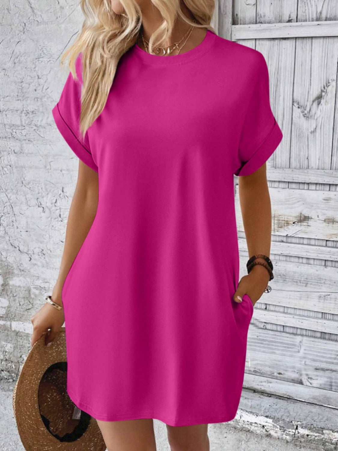 Round Neck Short Sleeve Mini Dress Hot Pink S 