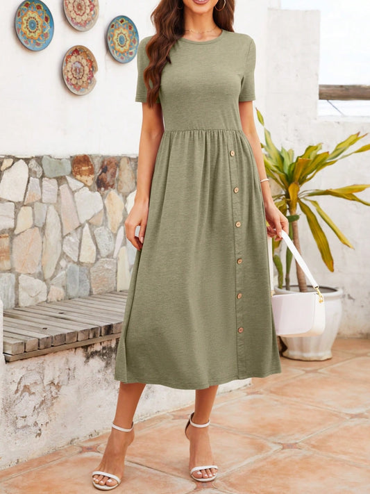 Round Neck Short Sleeve Midi Dress Sage S 