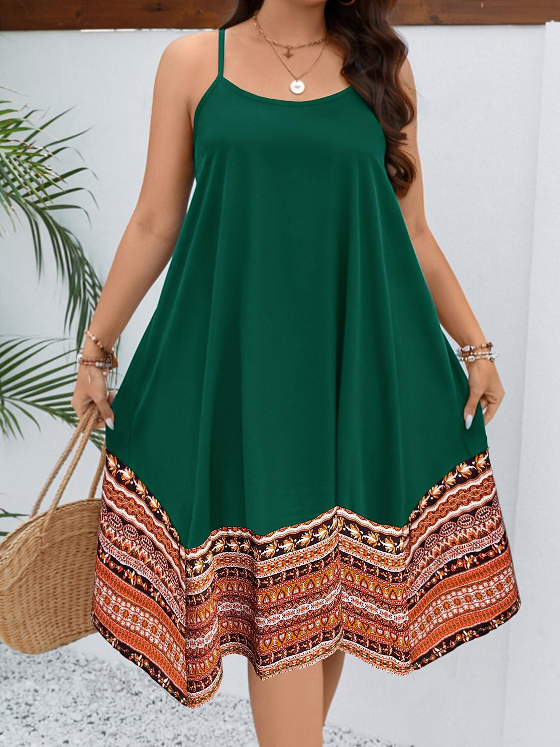 Plus Size Printed Round Neck Cami Dress Dark Green 1XL 