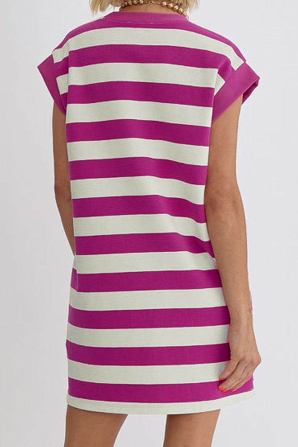 STUNNLY  Striped Round Neck Cap Sleeve Dress   