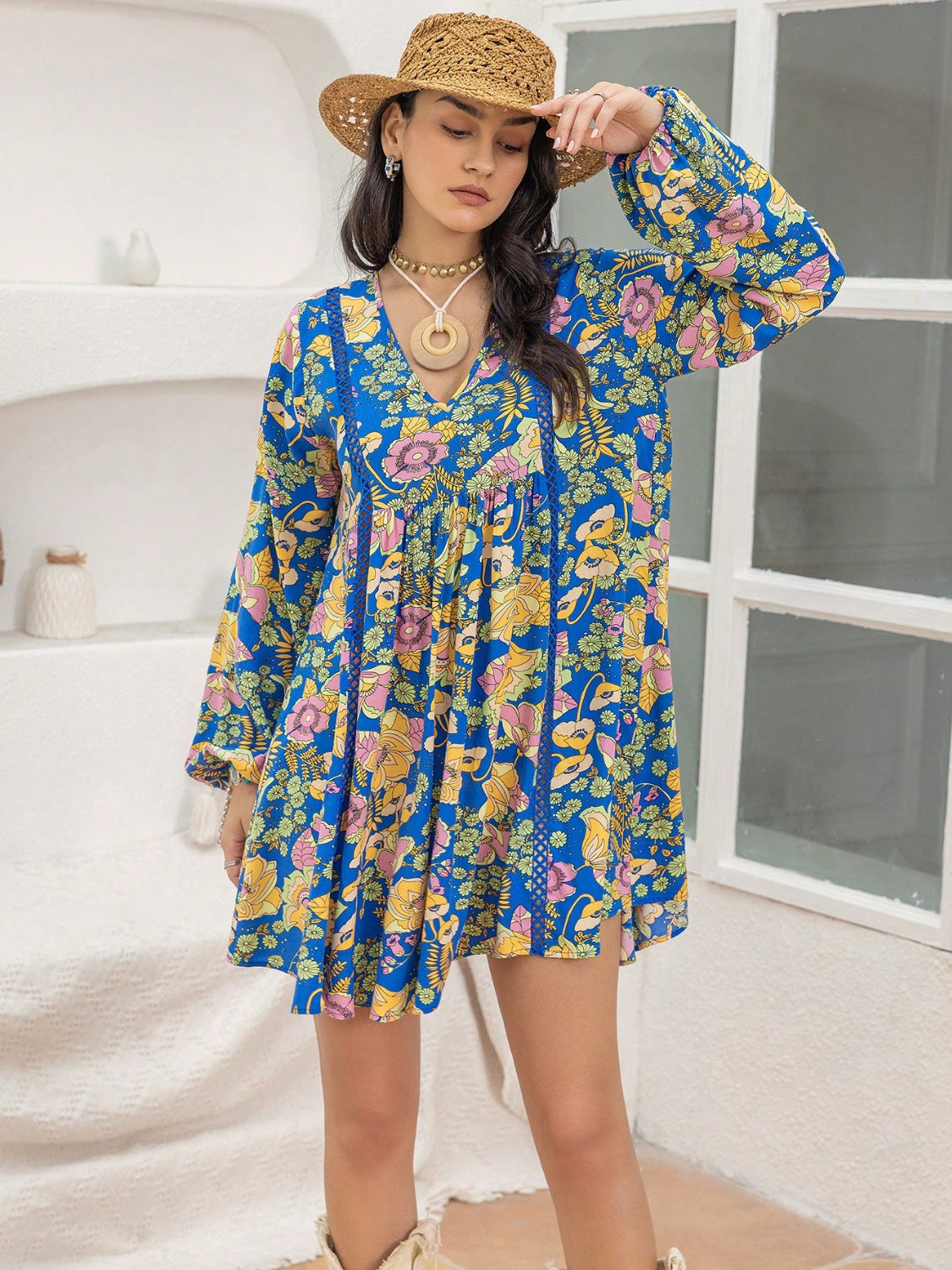 Printed V-Neck Balloon Sleeve Mini Dress Royal Blue S 