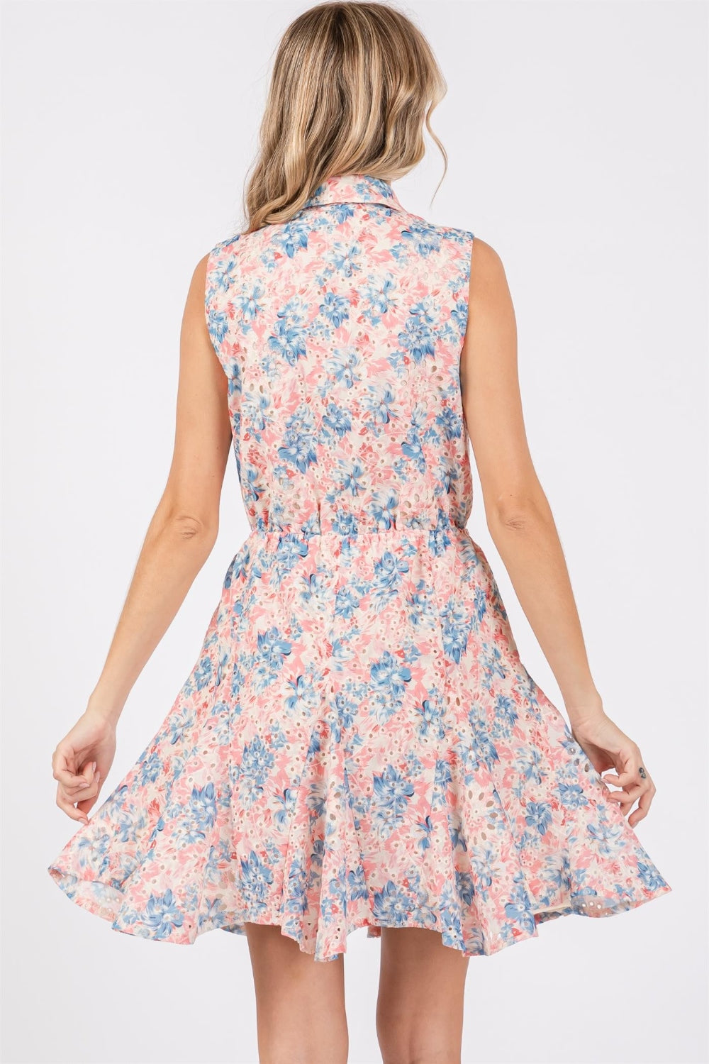 STUNNLY  GeeGee Full Size Floral Eyelet Sleeveless Mini Dress   