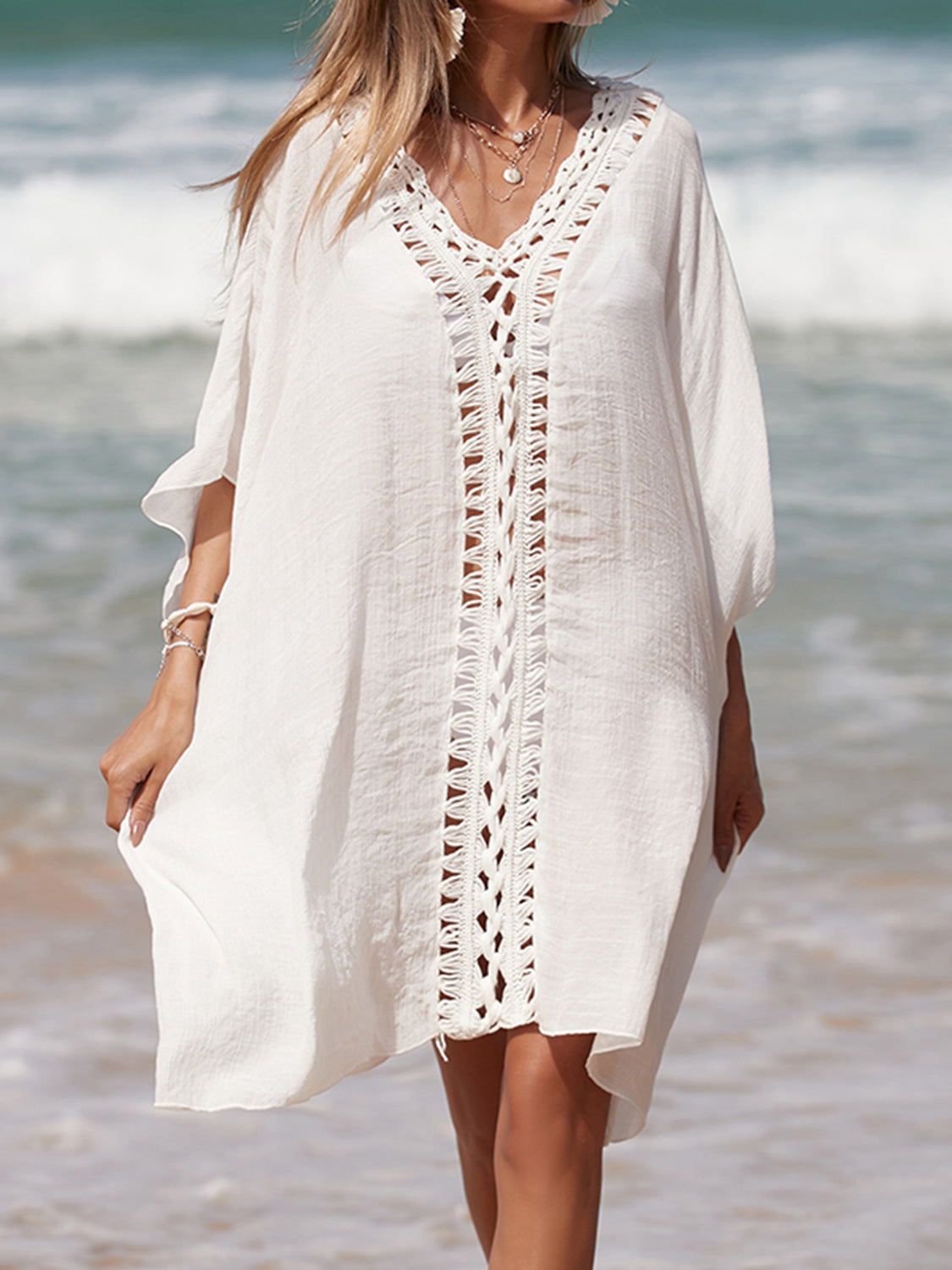 Cutout V-Neck Three-Quarter Sleeve Cover Up   