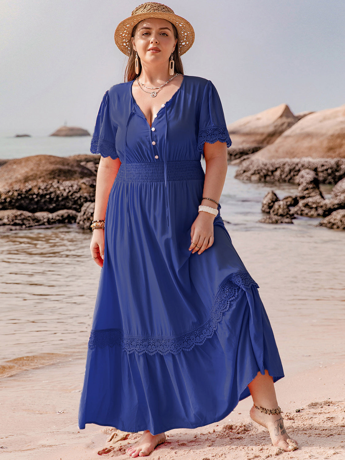 Plus Size Lace Detail Tie Neck Short Sleeve Maxi Dress   