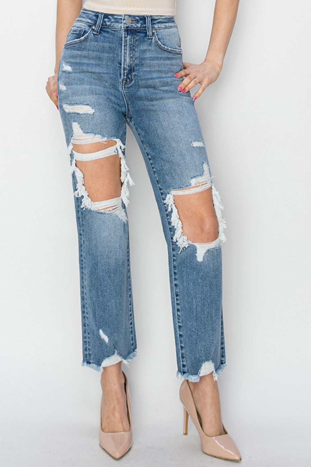 STUNNLY  RISEN High Rise Distressed Crop Straight Jeans   